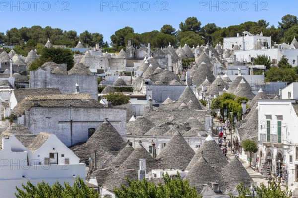 Trulli neighbourhood on the south side of the town called Rione Monti in Alberobello in Apulia in southern Italy