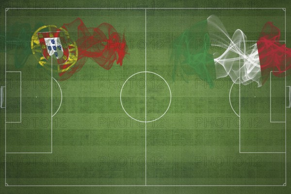 Portugal vs Italy Soccer Match, national colors, national flags, soccer field, football game, Competition concept, Copy space
