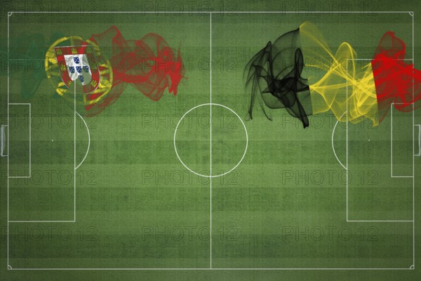 Portugal vs Belgium Soccer Match, national colors, national flags, soccer field, football game, Competition concept, Copy space