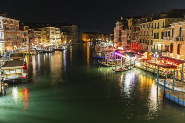 View from the Rialto Bridge over the Grand Canal, night shot, long exposure, Venice, Italy, Europe