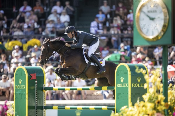 Armando Trapote of Spain and riding Tornado VS compete in the first round of the 1.60m CPKC International during the Spruce Meadows Masters, presented by Rolex, in Calgary, Alberta, Canada, North America