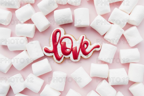 Gingerbread cookies love with white marshmallow. Valentine card. Pink background.