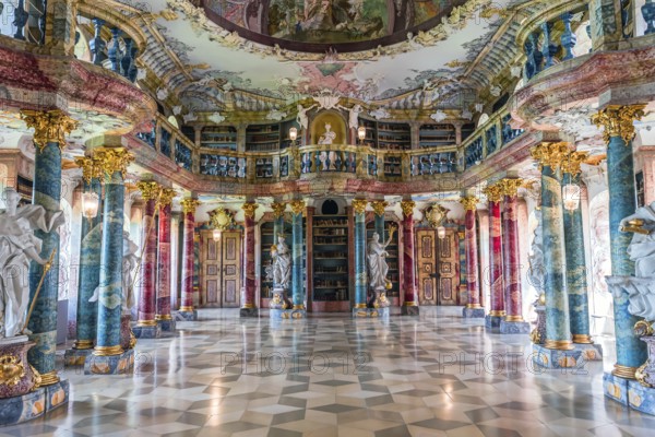 WIBLINGEN, BAVARIA, GERMANY, JUNE 08, 2022 : Rococo and baroque decors of the library in Wiblingen abbey, near Ulm city, by architects Christian and Johann Wiedemann, 18th century