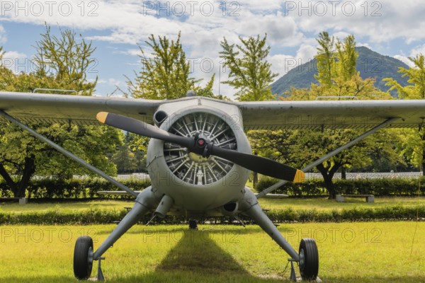 Daejeon, South Korea. October 3, 2019: Front view of engine and propeller of De Havilland U-6 Beaver airplane on display at National Cemetery