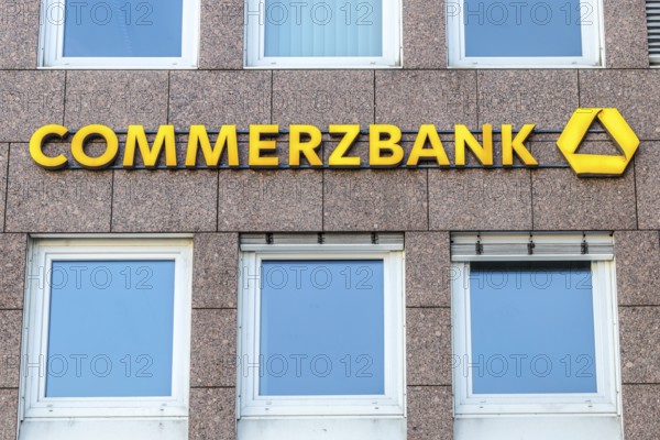 GIESSEN, Germany - 2021_04_09: Commerzbank Logo on a Facade. Commerzbank AG is one of the largest banks in Germany, it is active in commercial banking, retail banking and mortgaging