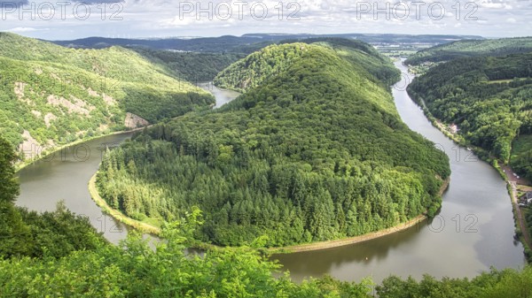 Saarschleife view from tree top walk tower. A lookout tower in Saarland. Pure nature. Scenic a beautiful sight