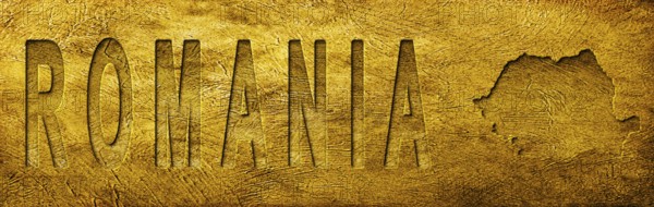 Romania Map and Text on Grunge Gold Texture