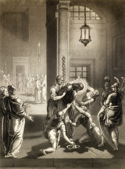After the Sanhedrin trial of Jesus, New Testament, steel engraving 1853, digitally restored