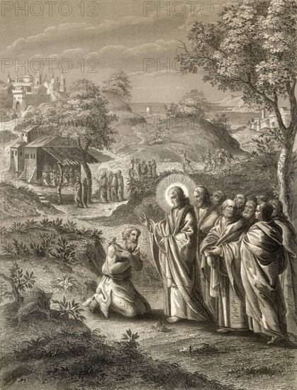Jesus Christ cures 10 lepers, Steel engraving 1853, digitally restored