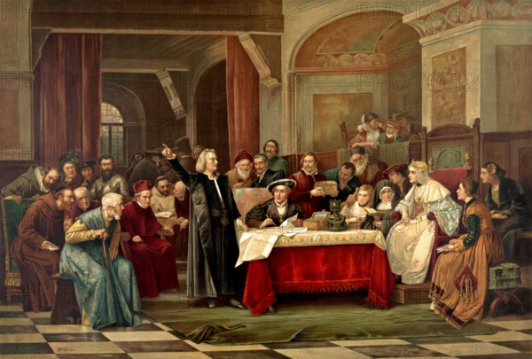 Christopher Columbus standing before King Ferdinand and Queen Isabella on his return to Spain, digitally optimized