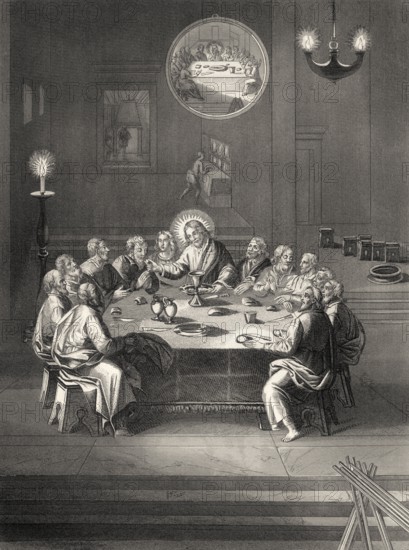 Institution of the Holy Sacrament, New Testament, steel engraving 1853, digitally restored