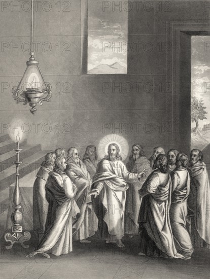 The Promise of the Holy Spirit, after the Last Supper, New Testament, steel engraving 1853, digitally restored