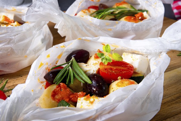 Baked dumplings with courgette, tomatoes and diced sheep's cheese