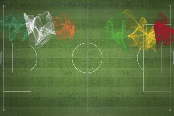 Ireland vs Mali Soccer Match, national colors, national flags, soccer field, football game, Competition concept, Copy space