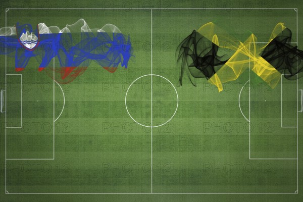 Slovenia vs Jamaica Soccer Match, national colors, national flags, soccer field, football game, Competition concept, Copy space