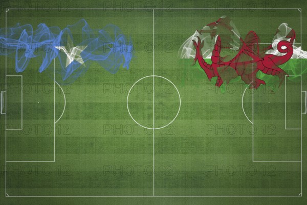 Somalia vs Wales Soccer Match, national colors, national flags, soccer field, football game, Competition concept, Copy space