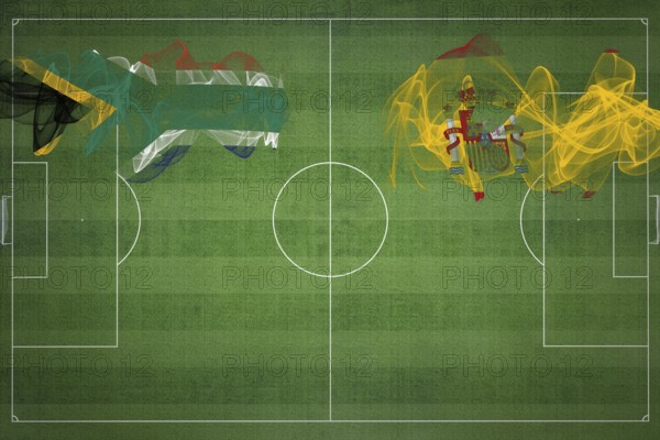 South Africa vs Spain Soccer Match, national colors, national flags, soccer field, football game, Competition concept, Copy space