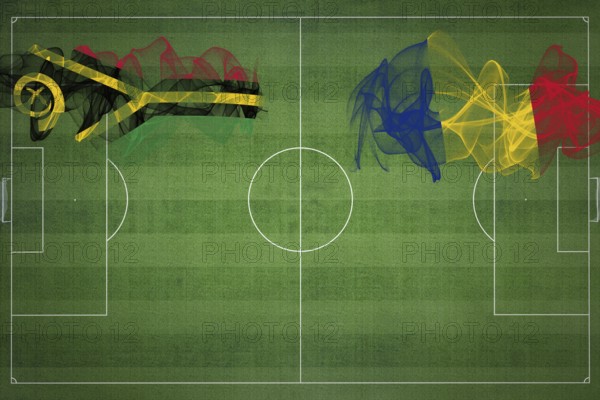 Vanuatu vs Romania Soccer Match, national colors, national flags, soccer field, football game, Competition concept, Copy space