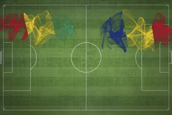 Guinea vs Romania Soccer Match, national colors, national flags, soccer field, football game, Competition concept, Copy space