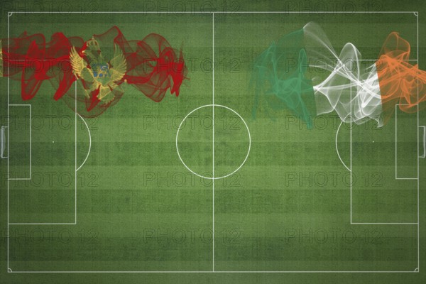 Montenegro vs Ireland Soccer Match, national colors, national flags, soccer field, football game, Competition concept, Copy space