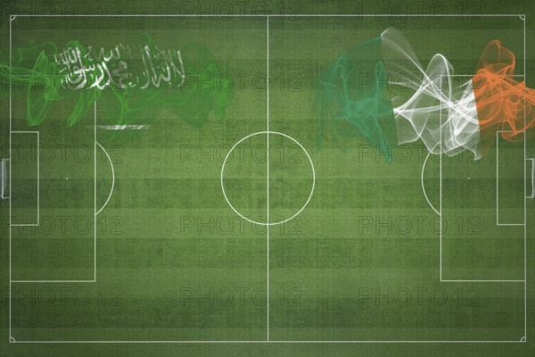 Saudi Arabia vs Ireland Soccer Match, national colors, national flags, soccer field, football game, Competition concept, Copy space