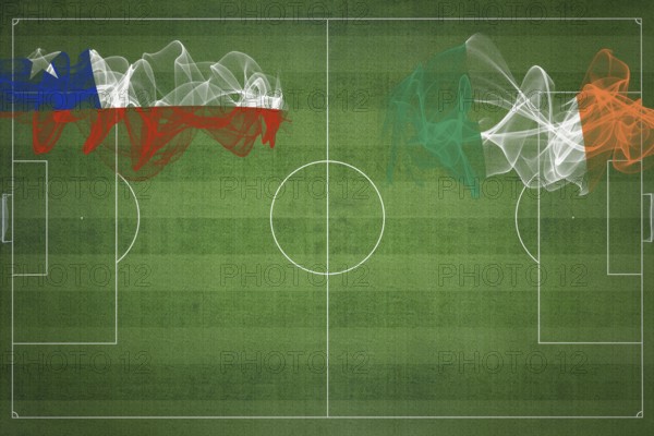 Chile vs Ireland Soccer Match, national colors, national flags, soccer field, football game, Competition concept, Copy space