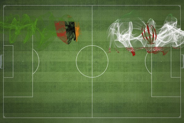 Zambia vs Iran Soccer Match, national colors, national flags, soccer field, football game, Competition concept, Copy space