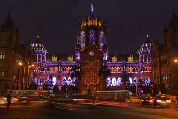 Illuminated chhatrapati shivaji terminus, mumbai, maharashtra, india, asia