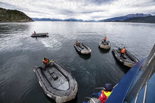 Expedition trip with Zodiacs, Wulaia Bay, Beagle Street, Ushuaia, Tierra del Fuego, Patagonia, Argentina, South America