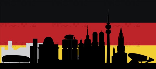 Illustration of the german city munchen in black and white drawing with flag
