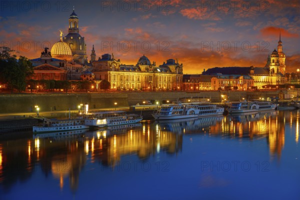 Dresden sunset skyline reflecion in Elbe river in Saxony of Germany