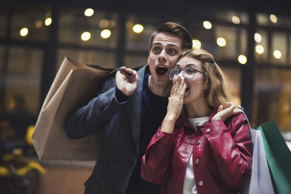 Beautiful couple with shopping bags is talking and smiling while doing shopping in the mall focus on the surprised woman