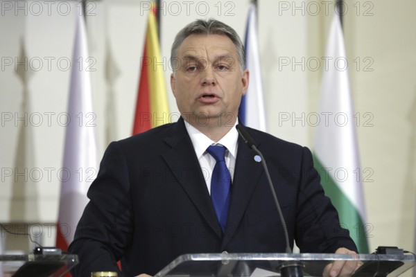Prague, Czech Republic - February 15, 2016: The Prime Ministers of Hungary Viktor Orban is speaking during a press conference after meeting of The Visegrad Group (V4) in Prague, Czech Republic, Europe