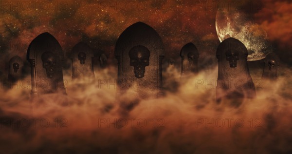 Cemetery At Night With Tombstones With Skulls And Burning Sky Full Of Clouds and Stars in The Background. Halloween Concept 3D illustration