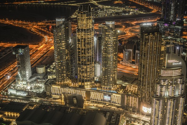 Dubai night view seen from the observation deck of Burj Khalifa. Shooting Location: Dubai