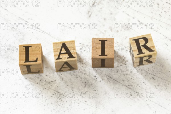 Four wooden cubes with letters LAIR (meaning Listen Acknowledge Identify Reverse) on white working board, Liptovsky Hradok, Slovakia, Europe