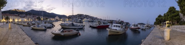 Morning atmosphere, boats in the harbour, panoramic shot, town of Hvar, island of Hvar, Dalmatia, Croatia, Europe