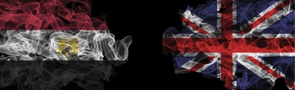 Flags of Egypt and United Kingdom on Black background, Egypt vs United Kingdom Smoke Flags