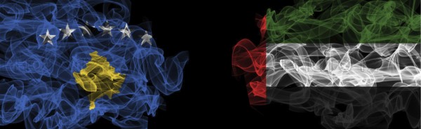 Flags of Kosovo and UAE on Black background, Kosovo vs United Arab Emirates Smoke Flags