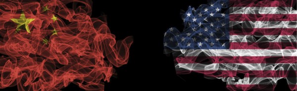 Flags of China and USA on Black background, China vs USA Smoke Flags