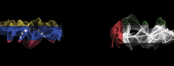 Flags of Venezuela and UAE on Black background, Venezuela vs United Arab Emirates Smoke Flags