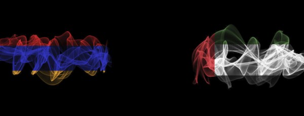 Flags of Armenia and UAE on Black background, Armenia vs United Arab Emirates Smoke Flags