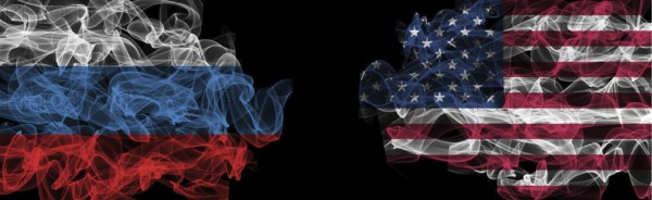 Flags of Russia and USA on Black background, Russia vs USA Smoke Flags