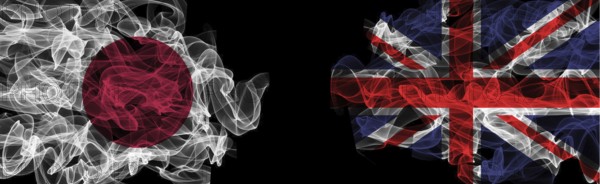 Flags of Japan and United Kingdom on Black background, Japan vs United Kingdom Smoke Flags
