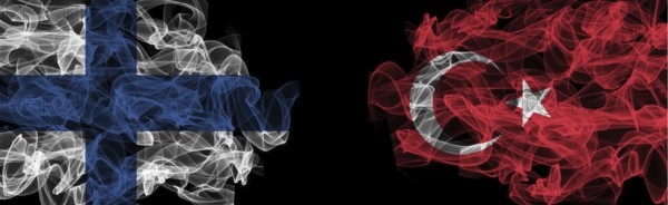 Flags of Finland and Turkey on Black background, Finland vs Turkey Smoke Flags