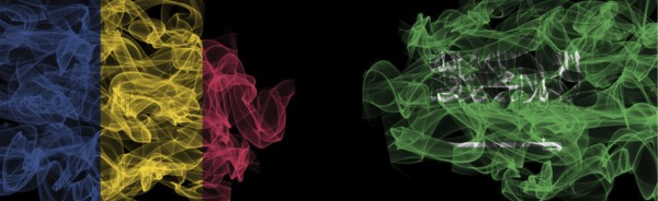 Flags of Romania and Saudi Arabia on Black background, Romania vs Saudi Arabia Smoke Flags
