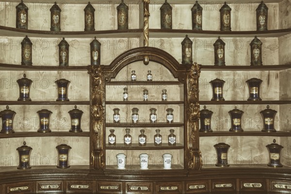 Interior of an Medieval Drugstore. Retro Stylized Image Szekesfehervar, Hungary, Europe