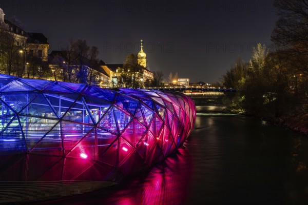 Illuminated Mur Island, behind the tower of the Franciscan Church, night shot, Graz, Styria, Austria, Europe