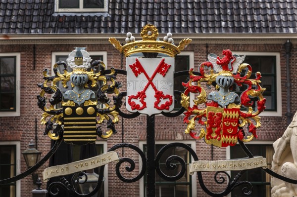Leiden, Netherlands, April 7, 2016: Coat of arms with red keys at the entrance gate of Castle