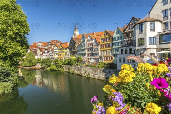 Picturesque old town of the German city of Tübingen with scenic historic houses and colourful flowers on a sunny day in summer